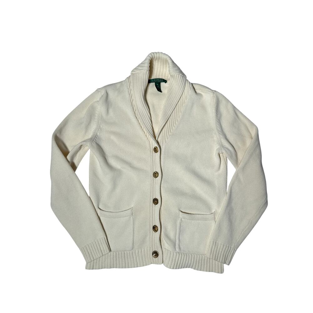 Lauren Ralph Lauren Ivory Cotton Cardigan Sweater Small Preppy Classic - Picture 2 of 11